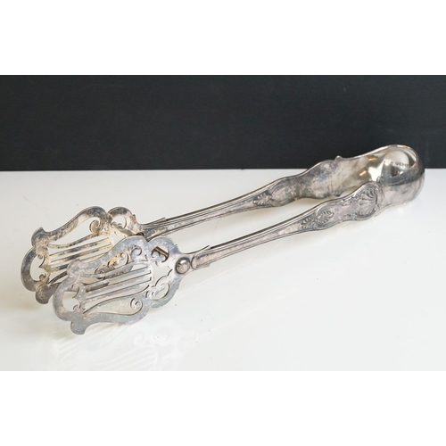 246 - Pair of silver plated meat skewers in the form of swords, a set of plated cake tongs & a soup ladle ... 