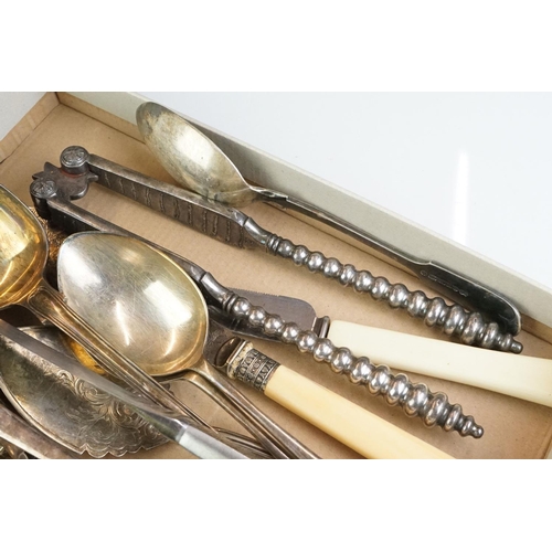 290 - A small collection of antique silver plated cutlery to include serving spoons, basting spoon, berry ... 