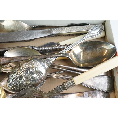 290 - A small collection of antique silver plated cutlery to include serving spoons, basting spoon, berry ... 