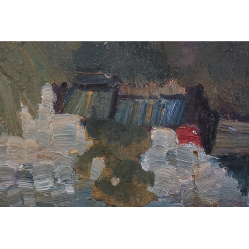 459 - 20th Century School, a studio framed pallet oil on board composition