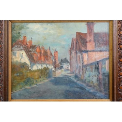 462 - Oil on canvas, a peaceful village scene with cottages, signed Helen Slop?