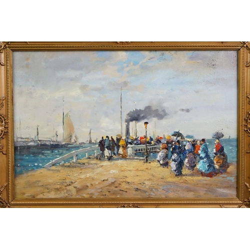 469 - Oil on board, a Victorian harbour scene with families boarding a steamship