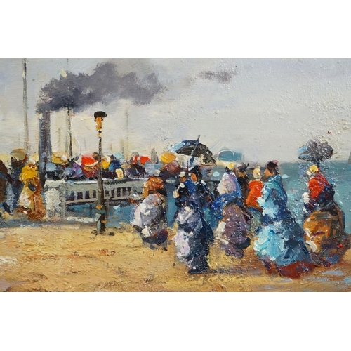 469 - Oil on board, a Victorian harbour scene with families boarding a steamship