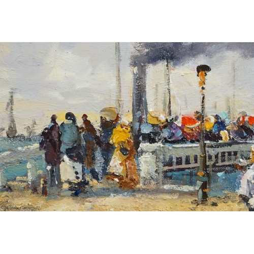 469 - Oil on board, a Victorian harbour scene with families boarding a steamship