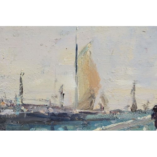 469 - Oil on board, a Victorian harbour scene with families boarding a steamship