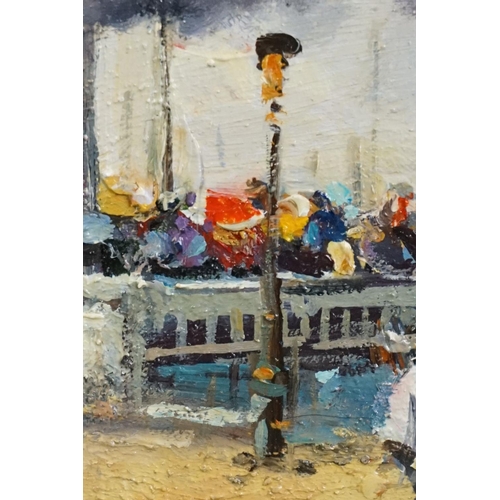 469 - Oil on board, a Victorian harbour scene with families boarding a steamship