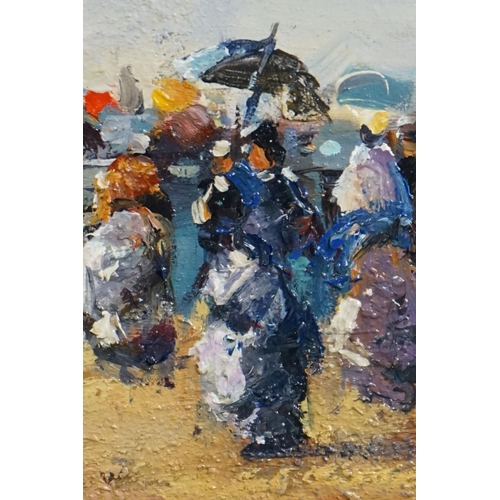 469 - Oil on board, a Victorian harbour scene with families boarding a steamship