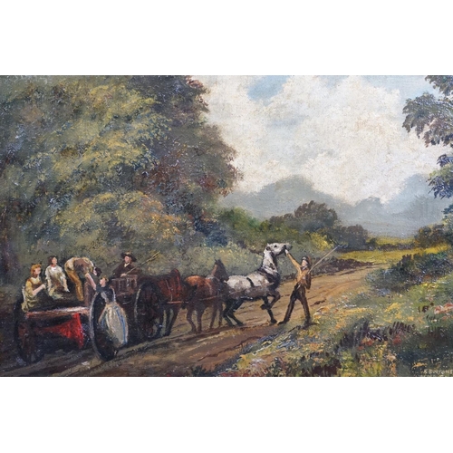 470 - K Burtonshaw oil on canvas, a traditional country landscape with country folk & horse and cart