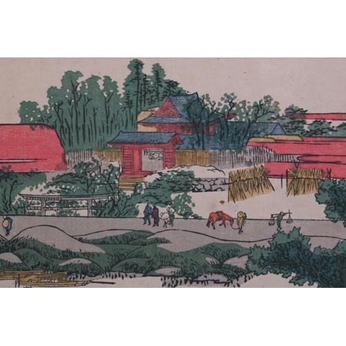 475 - Framed and signed Japanese woodblock in two parts, a river view with dwellings and a temple