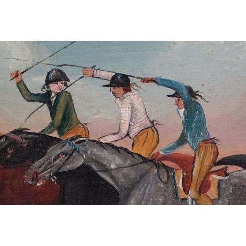 486 - Naive Oil Painting on Panel of Three Racing Horses and Jockeys within a landscape, 22c, x 43cm, oak ... 