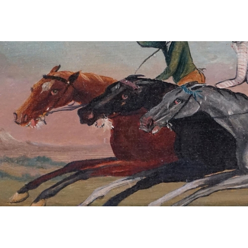 486 - Naive Oil Painting on Panel of Three Racing Horses and Jockeys within a landscape, 22c, x 43cm, oak ... 