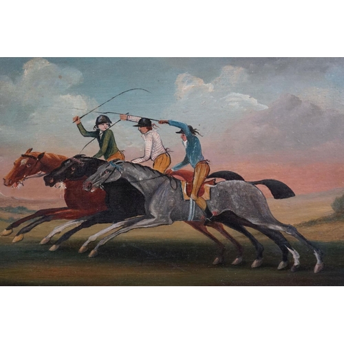 486 - Naive Oil Painting on Panel of Three Racing Horses and Jockeys within a landscape, 22c, x 43cm, oak ... 