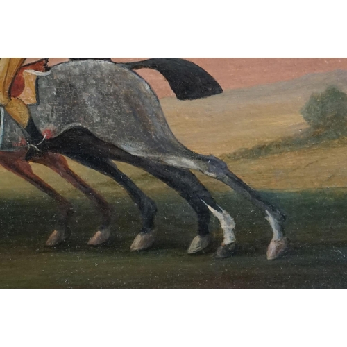 486 - Naive Oil Painting on Panel of Three Racing Horses and Jockeys within a landscape, 22c, x 43cm, oak ... 