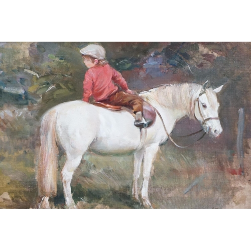 490 - Oil on Canvas of a Young Child on a Grey Pony, indistinctly signed lower right, 24cm x 34cm, gilt fr... 