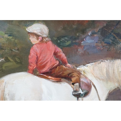 490 - Oil on Canvas of a Young Child on a Grey Pony, indistinctly signed lower right, 24cm x 34cm, gilt fr... 