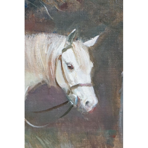 490 - Oil on Canvas of a Young Child on a Grey Pony, indistinctly signed lower right, 24cm x 34cm, gilt fr... 