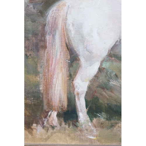 490 - Oil on Canvas of a Young Child on a Grey Pony, indistinctly signed lower right, 24cm x 34cm, gilt fr... 