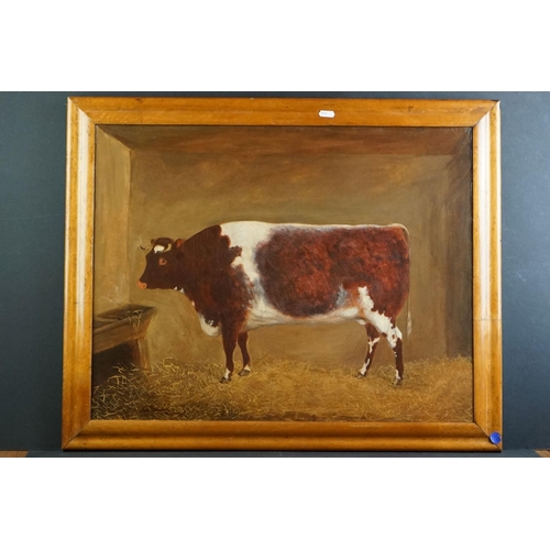 493 - After Thomas Weaver, Naive Oil on Canvas of a Bull stood in a Barn, signed lower left, 49cm x 63cm, ... 