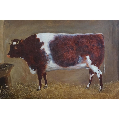 493 - After Thomas Weaver, Naive Oil on Canvas of a Bull stood in a Barn, signed lower left, 49cm x 63cm, ... 