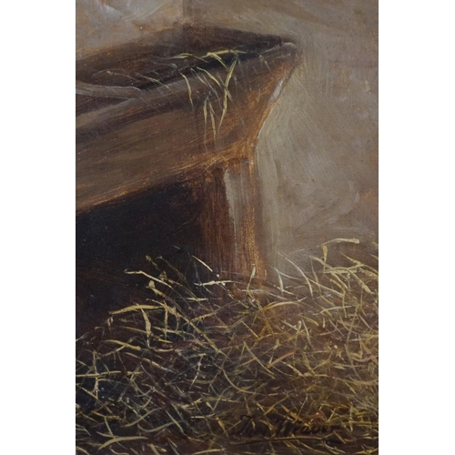 493 - After Thomas Weaver, Naive Oil on Canvas of a Bull stood in a Barn, signed lower left, 49cm x 63cm, ... 