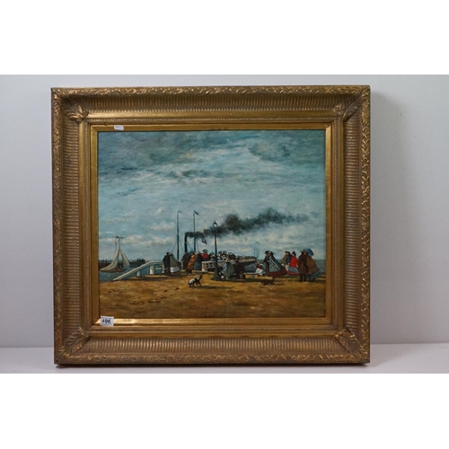 496 - Oil Painting on Canvas of 19th century Figures on a Harbourside with a Steam Boat, 49cm x 60cm, gilt... 