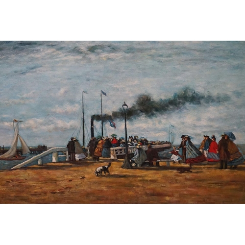 496 - Oil Painting on Canvas of 19th century Figures on a Harbourside with a Steam Boat, 49cm x 60cm, gilt... 