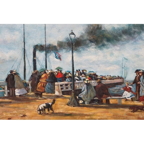 496 - Oil Painting on Canvas of 19th century Figures on a Harbourside with a Steam Boat, 49cm x 60cm, gilt... 