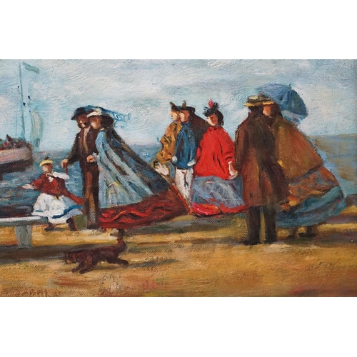 496 - Oil Painting on Canvas of 19th century Figures on a Harbourside with a Steam Boat, 49cm x 60cm, gilt... 