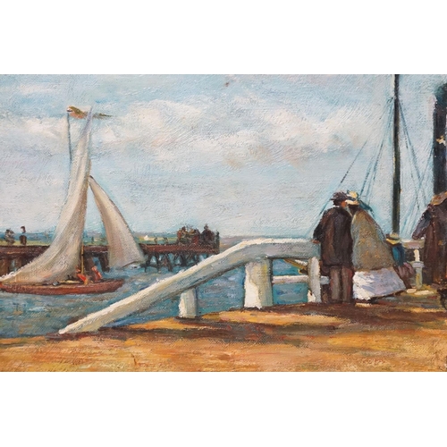 496 - Oil Painting on Canvas of 19th century Figures on a Harbourside with a Steam Boat, 49cm x 60cm, gilt... 