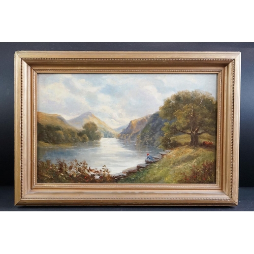 500 - 19th / 20th century Oil Painting on Board, Landscape with figure fishing in a lake, 25cm x 40cm, gil... 