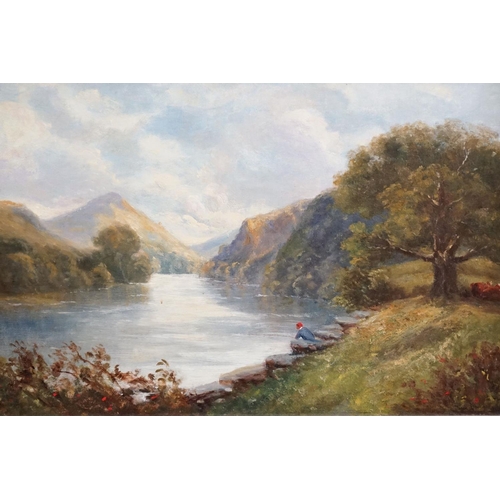 500 - 19th / 20th century Oil Painting on Board, Landscape with figure fishing in a lake, 25cm x 40cm, gil... 