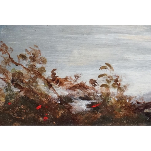 500 - 19th / 20th century Oil Painting on Board, Landscape with figure fishing in a lake, 25cm x 40cm, gil... 