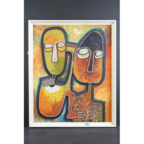 501 - Chief Jimoh Buraimoh (Nigerian b.1943), Coloured Oil and Bead Work on Board of Two Figures, signed u... 