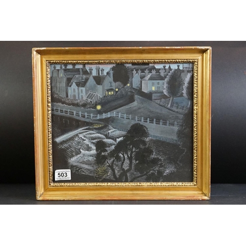 503 - 20th century en grisaille, a riverside town view by moonlight, 28cm x 33cm, gilt framed