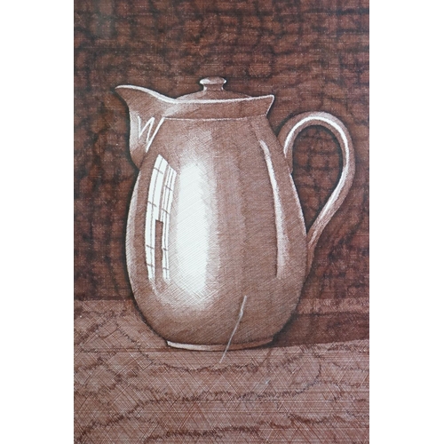 504 - Kevin Geary (b.1952) Pen and Ink of a Coffee Pot, signed lower right and dated 76', 48cm x 34cm, fra... 