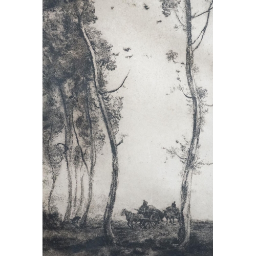 507 - Charles Henry Baskett (1872-1953) Etching of Horses and Wagons driving through a Copse, signed in pe... 