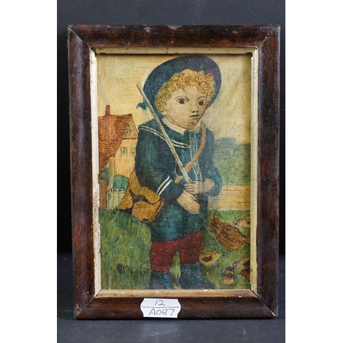 509 - Small oil painting of a farm boy dressed in a sailor's uniform, 15cm x 10cm