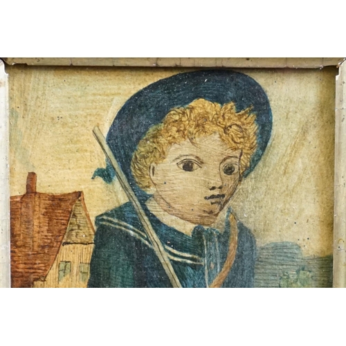 509 - Small oil painting of a farm boy dressed in a sailor's uniform, 15cm x 10cm