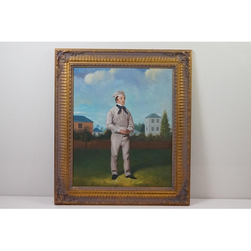 512 - Contemporary Oil Painting on Canvas of a Victorian Cricketer, 59cm x 50cm, gilt framed