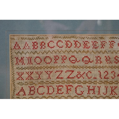 516 - 19th century alphabet sampler signed Elizabeth Earle (?), faded, approx. 36cm x 40cm