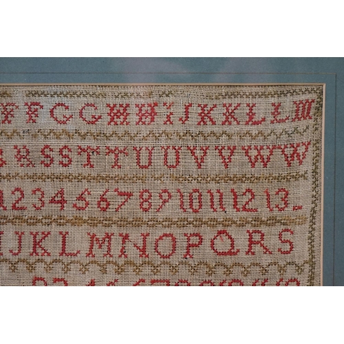 516 - 19th century alphabet sampler signed Elizabeth Earle (?), faded, approx. 36cm x 40cm