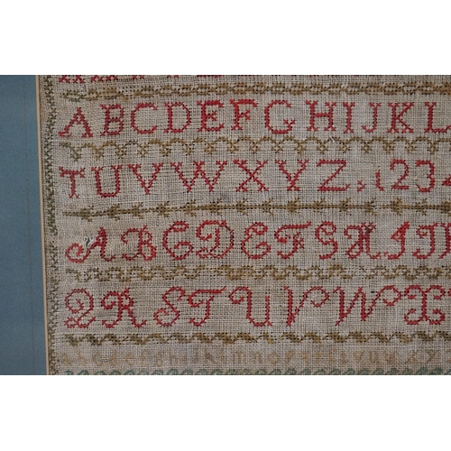 516 - 19th century alphabet sampler signed Elizabeth Earle (?), faded, approx. 36cm x 40cm