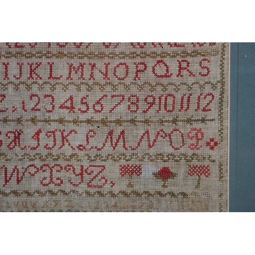 516 - 19th century alphabet sampler signed Elizabeth Earle (?), faded, approx. 36cm x 40cm