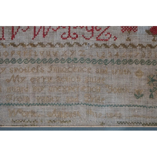 516 - 19th century alphabet sampler signed Elizabeth Earle (?), faded, approx. 36cm x 40cm