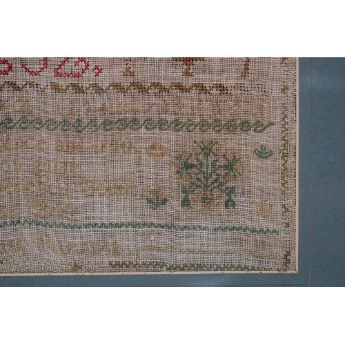 516 - 19th century alphabet sampler signed Elizabeth Earle (?), faded, approx. 36cm x 40cm