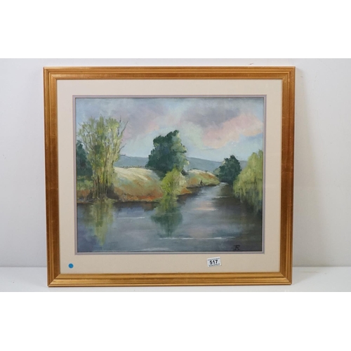 517 - J R , River landscape with fisherman, pastel, initialled, approx. 43cm x 51cm