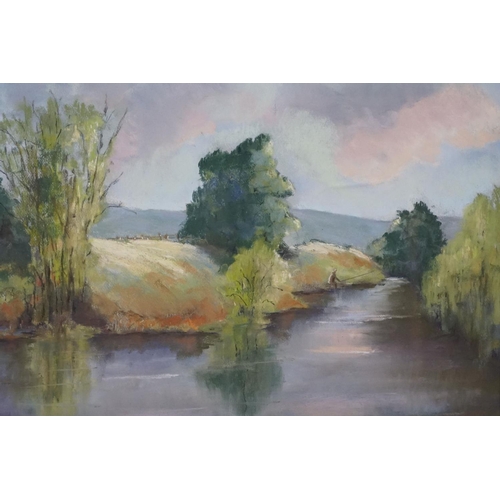 517 - J R , River landscape with fisherman, pastel, initialled, approx. 43cm x 51cm