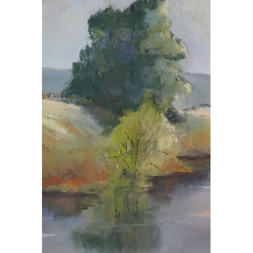 517 - J R , River landscape with fisherman, pastel, initialled, approx. 43cm x 51cm