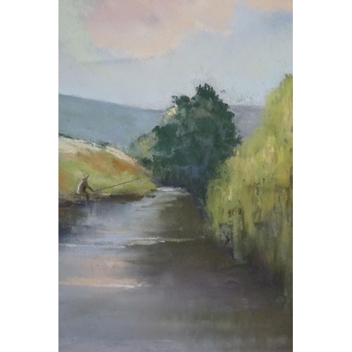 517 - J R , River landscape with fisherman, pastel, initialled, approx. 43cm x 51cm