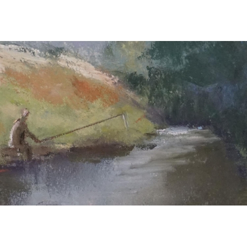 517 - J R , River landscape with fisherman, pastel, initialled, approx. 43cm x 51cm